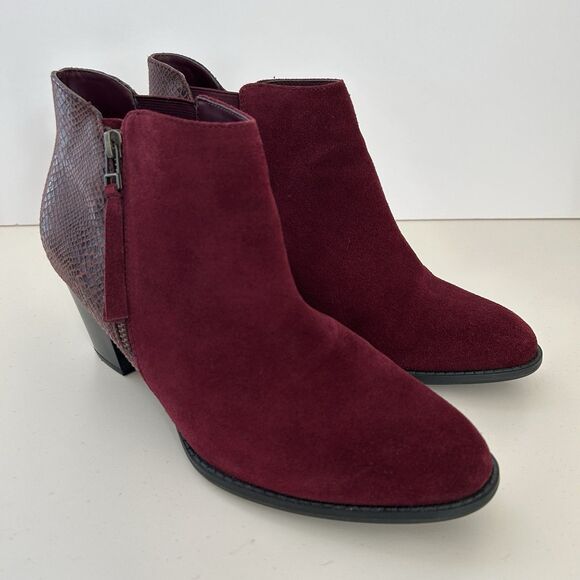 Vionic Anne Boots Burgundy Red Suede Python Block Heel Boots Womens 9.5 Booties - Picture 2 of 10